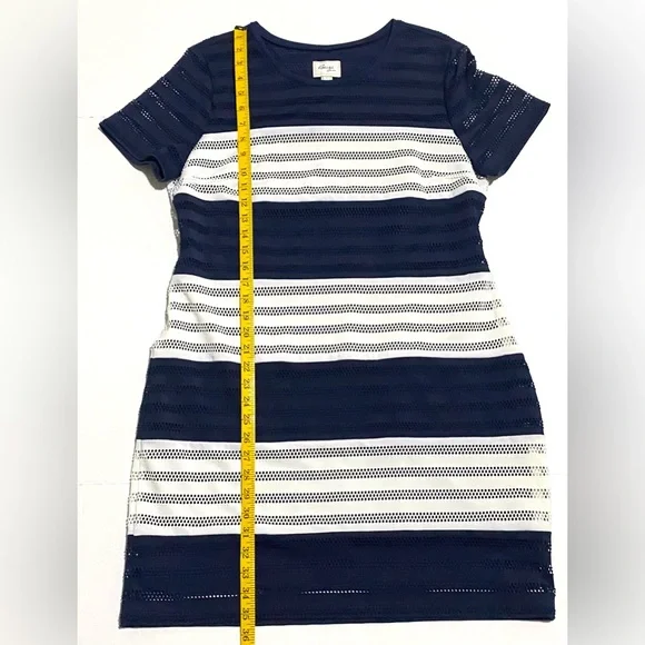 Beige by ECI Womens L Navy Blue White Stripe Short Sleeve Straight Dress Classic - Picture 10 of 12
